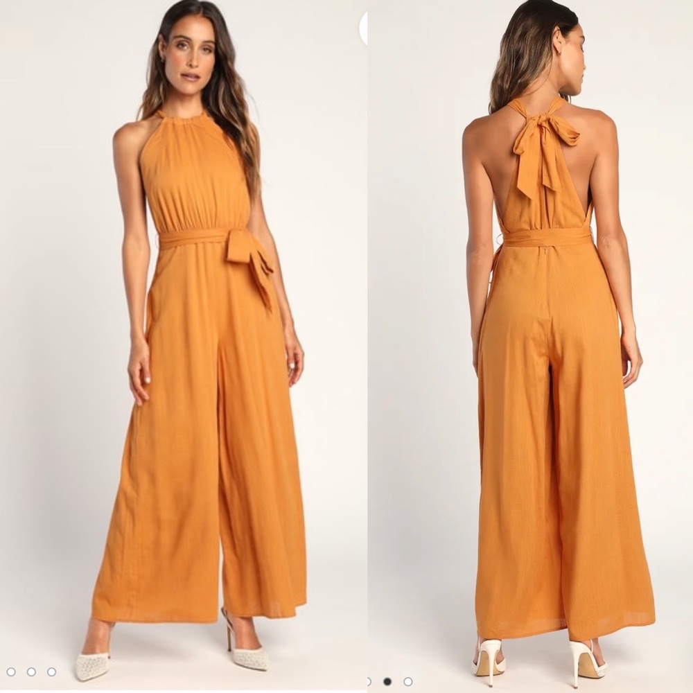 NWT Lulu's Reach for Radiance Marigold Halter Wide-Leg Linen blend Jumpsuit